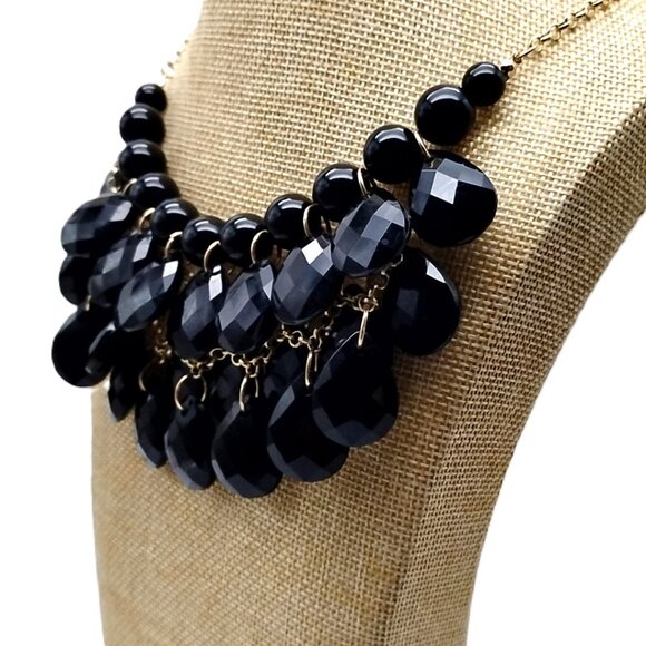 Black Faceted Resin Statement Bib Necklace Gold-tone Chain NWOT - Picture 3 of 14
